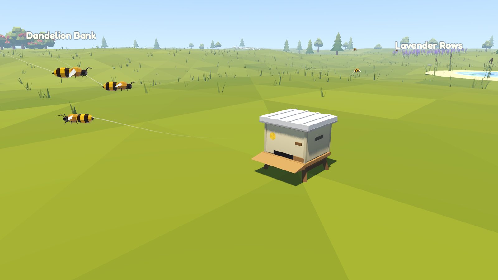 A white beehive on a green hillside, with honeybees flying out toward distant flower patches
