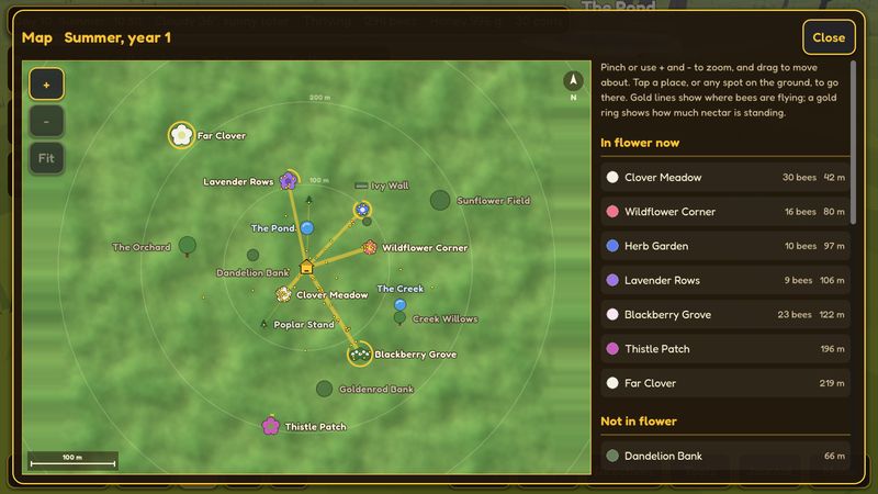The map, showing flower patches round the hive with gold lines where bees are flying, and a list of places in flower